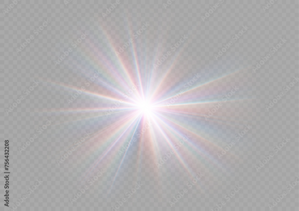 Rainbow crystal star. Crystal ray light, sun shines rainbow red yellow and blue color. Optical fire light effect. Vector lens glare leakage glare reflection effect. Sparkle shine. Sunlight 