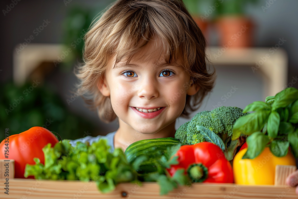 happy smiling kid boy child hold in hands a basket of harvest of vegetables. Baby healthy nutrition organic eat happy smiling kid boy child hold in hands a basket of harvest of vegetables. Baby healthy nutrition organic eat