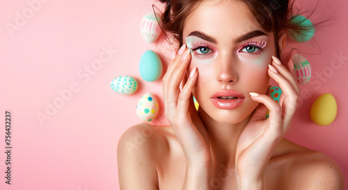 Beautiful woman with makeup and manicure in Easter style