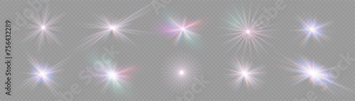 Rainbow crystal star. Crystal ray light, sun shines rainbow red yellow and blue color. Optical fire light effect. Vector lens glare leakage glare reflection effect. Sparkle shine. Sunlight 