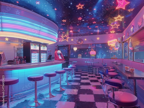 Vintage alien diner jukebox with cosmic tunes