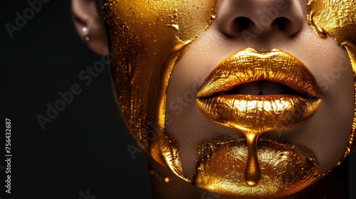 Model adorned with gold paint drips, metallic skin, and lip gloss droplets for stunning effect
