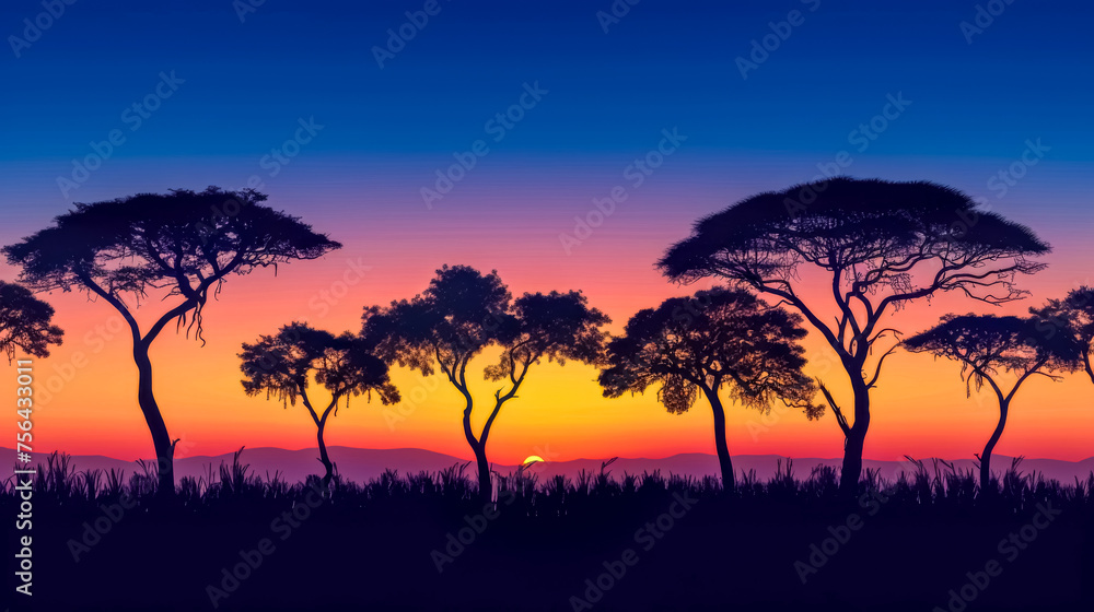 Breathtaking silhouette of acacia trees against an african sunset sky gradient