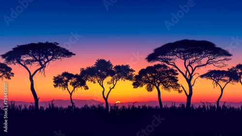 Breathtaking silhouette of acacia trees against an african sunset sky gradient