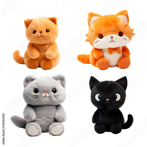 Colorful Cats: A Cute Cartoon Set of 3D Illustrated Stuffed Animal Toy, Isolated on Transparent Background, PNG