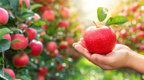 Organic apple selection hand holding ripe fruit with blurred background, perfect for text placement