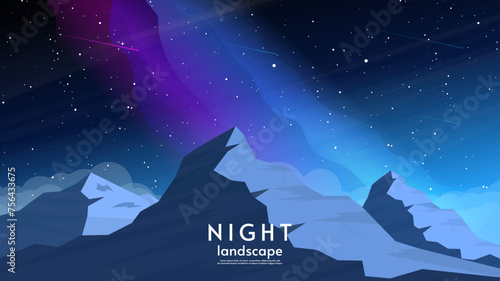 Beautiful night landscape. Bright aurora borealis in the starry sky. Design for wallpaper, background, banner, invitation. 
