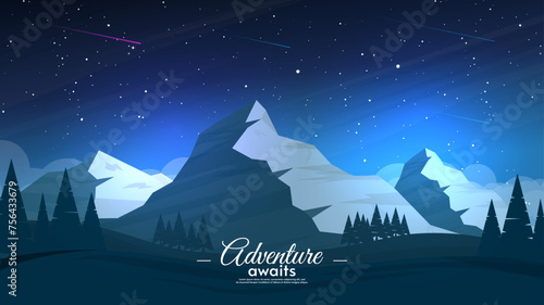 Night mountain landscape with starry sky. Dark night, starry sky with bright lights. Design for background, banner, wallpaper. Vector illustration. Flat style. © Goldenboy_14