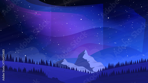 Beautiful night landscape. Hills with forest and mountains. Bright aurora borealis in the sky. Design for wallpaper, background, banner, invitation. 