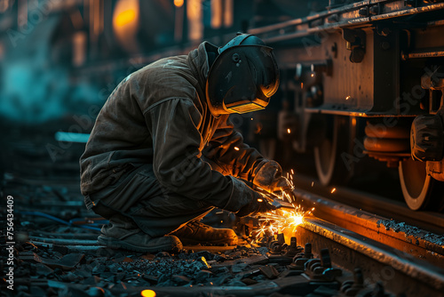 Welder wearing safety gear repairs train rails in industrial setting © Collorio