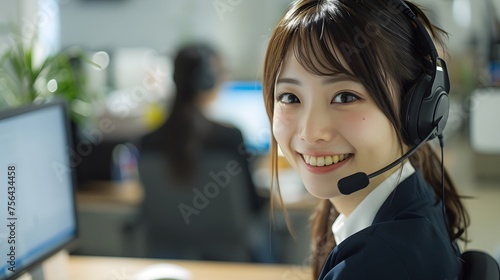 コールセンターで働く笑顔のオペレーター