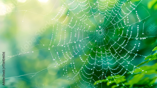 Morning dew on spiderweb in greenery