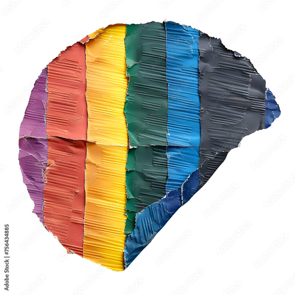 A flat circular piece of cloth with seven vertical stripes in the colors red, orange, yellow, green, blue, purple and black. The background is white. It's a flat illustration with soft edges. - obrazy, fototapety, plakaty 