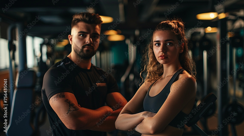 Man and Woman on a gym portrait. fitness muscle body working out.