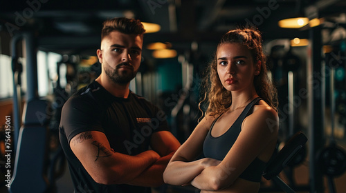 Man and Woman on a gym portrait. fitness muscle body working out.