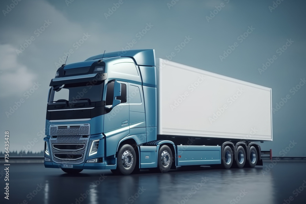 A modern truck with a trailer on a blue background