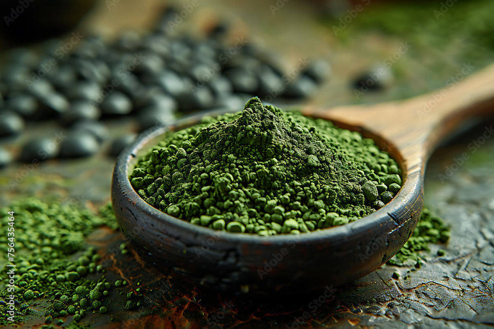 Organic matcha green tea in a bowl or on a wooden spoon, green powder
Organic matcha green tea in a bowl or on a wooden spoon, green powder