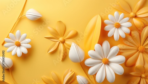 Bunch of spring white Flowers on Yellow Background
