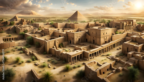 panoramic view of an a large ancient egyptian city with large buildings and houses stretching to the horizon with a pyramid