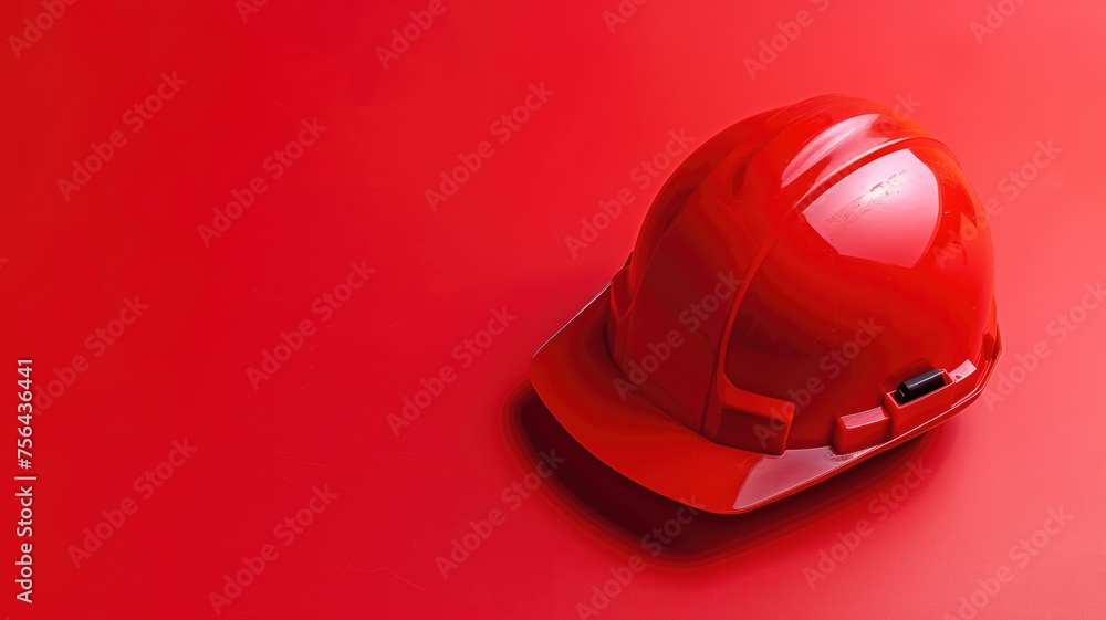 Bright red safety helmet on a vivid red background with ample space Bright red safety helmet on a vivid red background with ample space