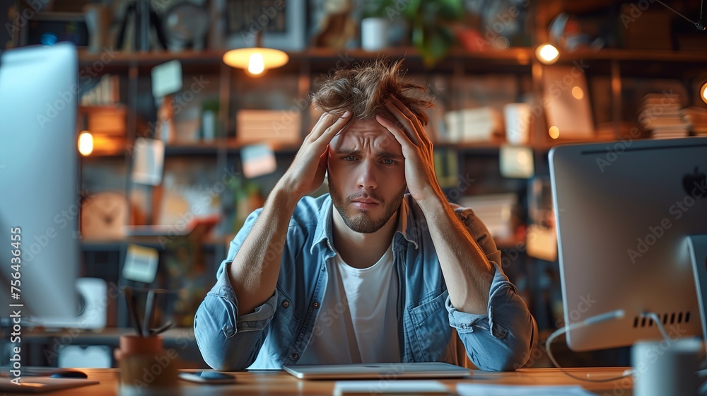 Man in worry posture in front of laptop computer. Man in worry posture in front of laptop computer.