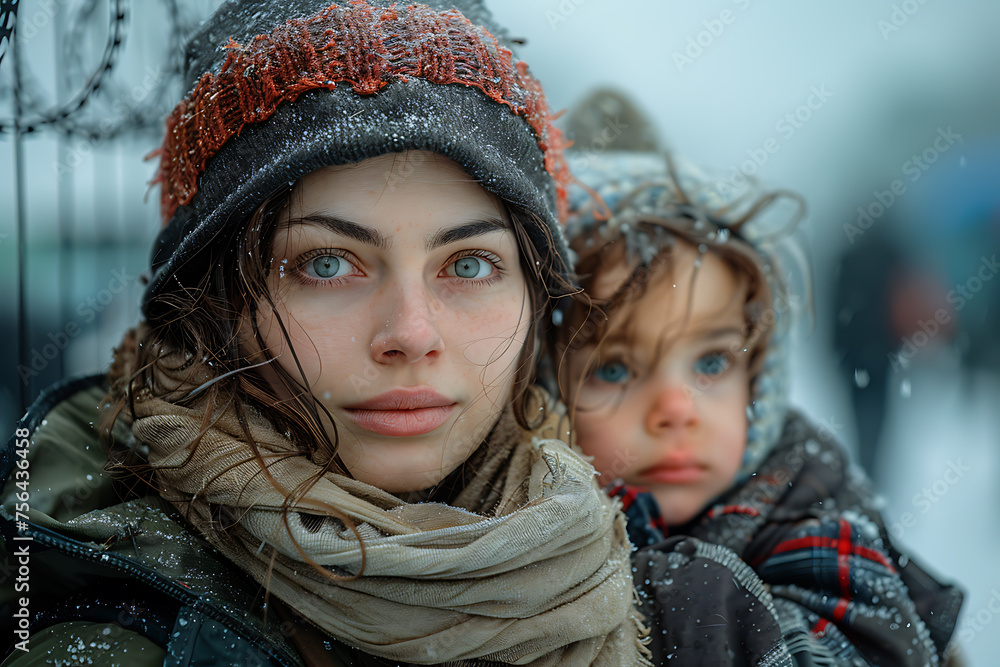 A migrant woman with a child goes to the border crossing along the barbed wire, fleeing from the war
A migrant woman with a child goes to the border crossing along the barbed wire, fleeing from the war