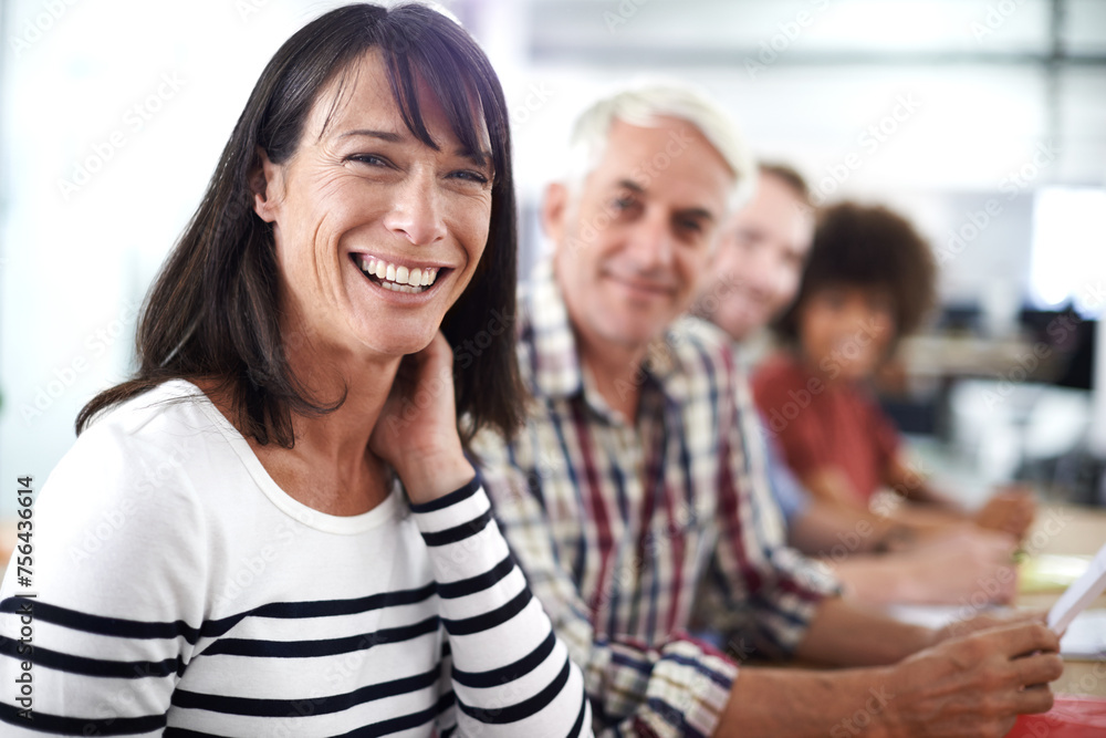 Happy woman, portrait and team with confidence for creative startup, pride or agency at the office. Face of female person or employee with smile for career ambition and positivity in group meeting Happy woman, portrait and team with confidence for creative startup, pride or agency at the office. Face of female person or employee with smile for career ambition and positivity in group meeting