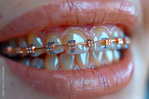 Close-up of a beautiful girl at the dentist examining dental braces 