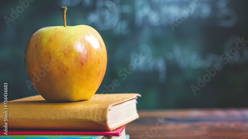 Ripe apple atop a stack of books against a blackboard