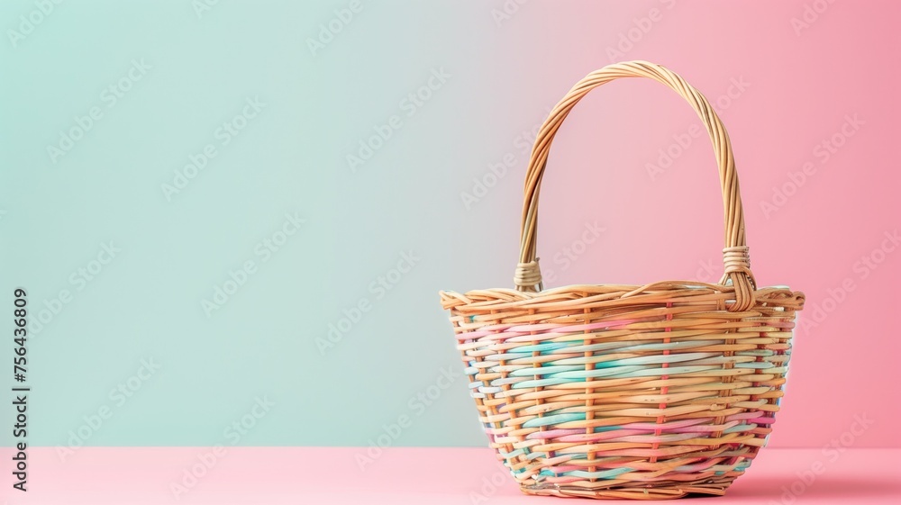 Wicker basket on a pastel pink and blue background, with ample copy space