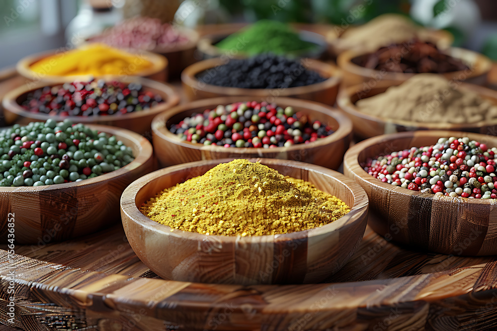 Fototapeta premium different spices in wooden plates