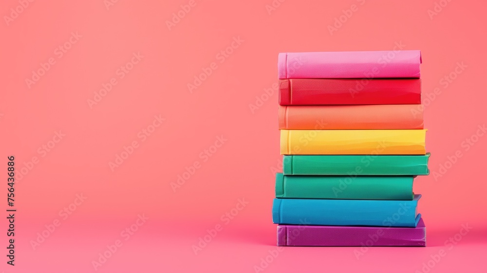 Stack of colorful books on pink background, LGBTQ+ concept - obrazy, fototapety, plakaty 