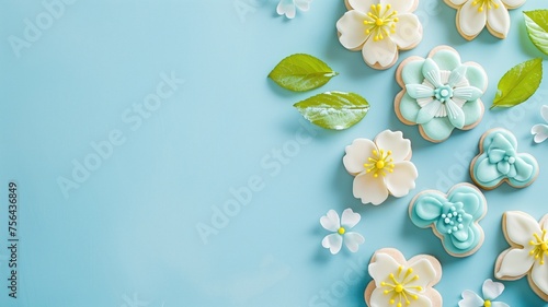 Assorted decorated cookies with floral patterns on a blue background photo