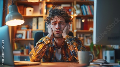 Man in worry posture in front of laptop computer.