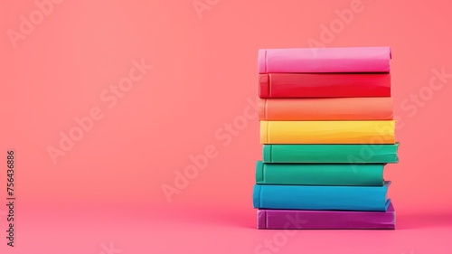Stack of colorful books on pink background, LGBTQ+ concept