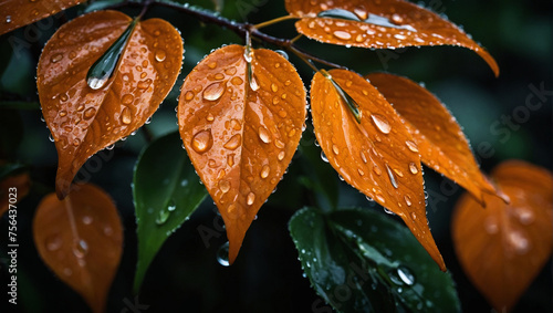 Orange summer leaves. Dew drops. Dark environment. generative AI