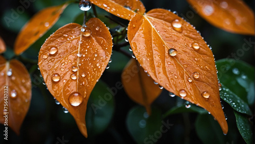 Orange summer leaves. Dew drops. Dark environment. generative AI