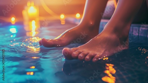 Close-up of a person's feet submerged in clearwater, toes wiggling slightly against the ripples, on spa salon
