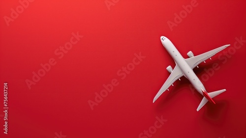 White airplane model on a vivid red background with ample space
