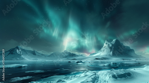 Polar lights dance across the starry sky  casting an ethereal glow over the icy  rugged mountains and frozen terrain of the Arctic.