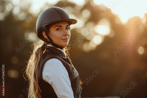 Woman in helmet and riding gear, portrait of equestrian on horse outdoors © Sergio
