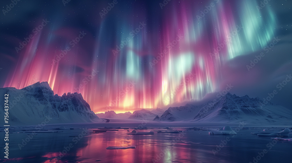 Polar lights dance across the starry sky, casting an ethereal glow over the icy, rugged mountains and frozen terrain of the Arctic.