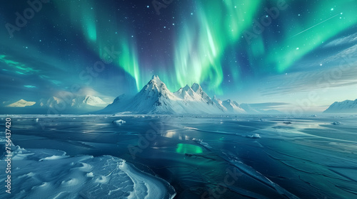 Polar lights dance across the starry sky, casting an ethereal glow over the icy, rugged mountains and frozen terrain of the Arctic.