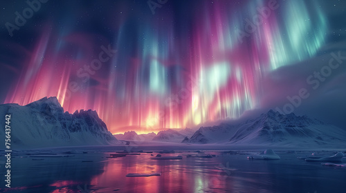 Polar lights dance across the starry sky, casting an ethereal glow over the icy, rugged mountains and frozen terrain of the Arctic. © feeling lucky