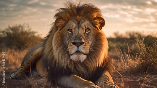 Lion portrait on savanna Generative AI