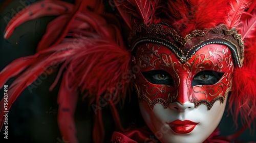 Mysterious red venetian mask with feathers on dark background. captivating carnival masquerade theme image. perfect for event posters. AI