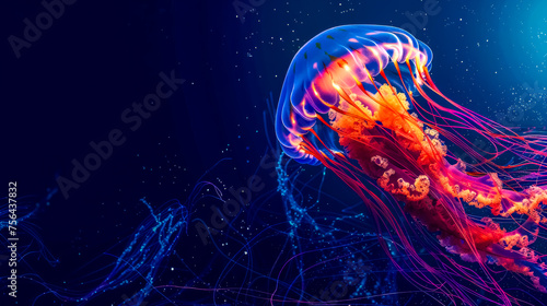 Vibrant jellyfish illuminated in deep blue sea
