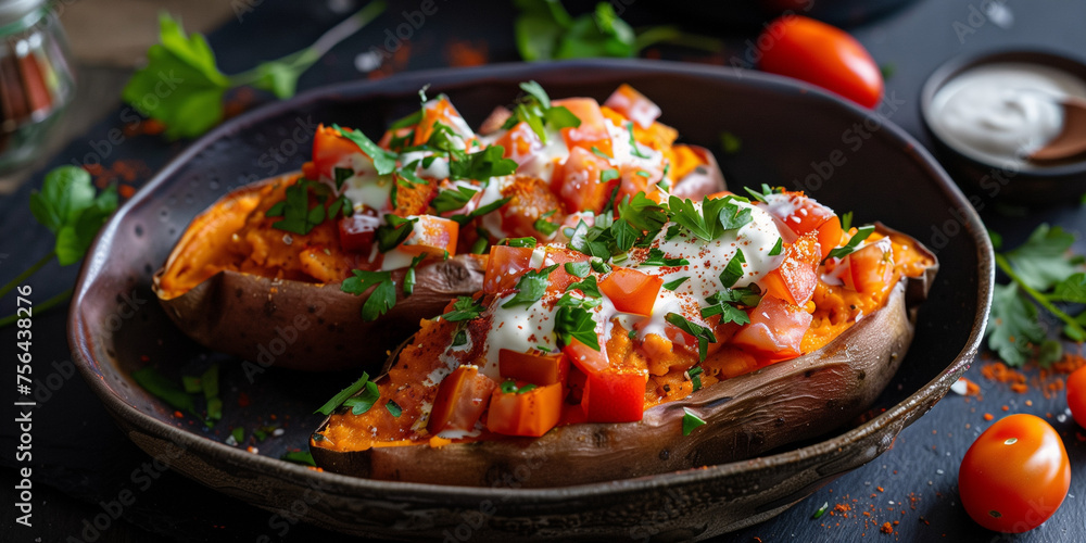 Baked sweet potatoes with sourcream and paprika cream and tomato cubes Baked sweet potatoes with sourcream and paprika cream and tomato cubes