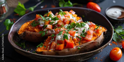 Baked sweet potatoes with sourcream and paprika cream and tomato cubes
