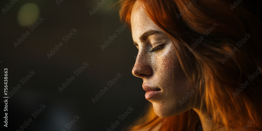 close portrait of a woman with sun damaged freckles skin